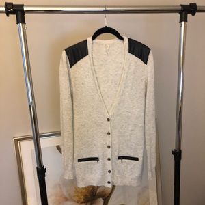 Grey cardigan with faux leather shoulder caps